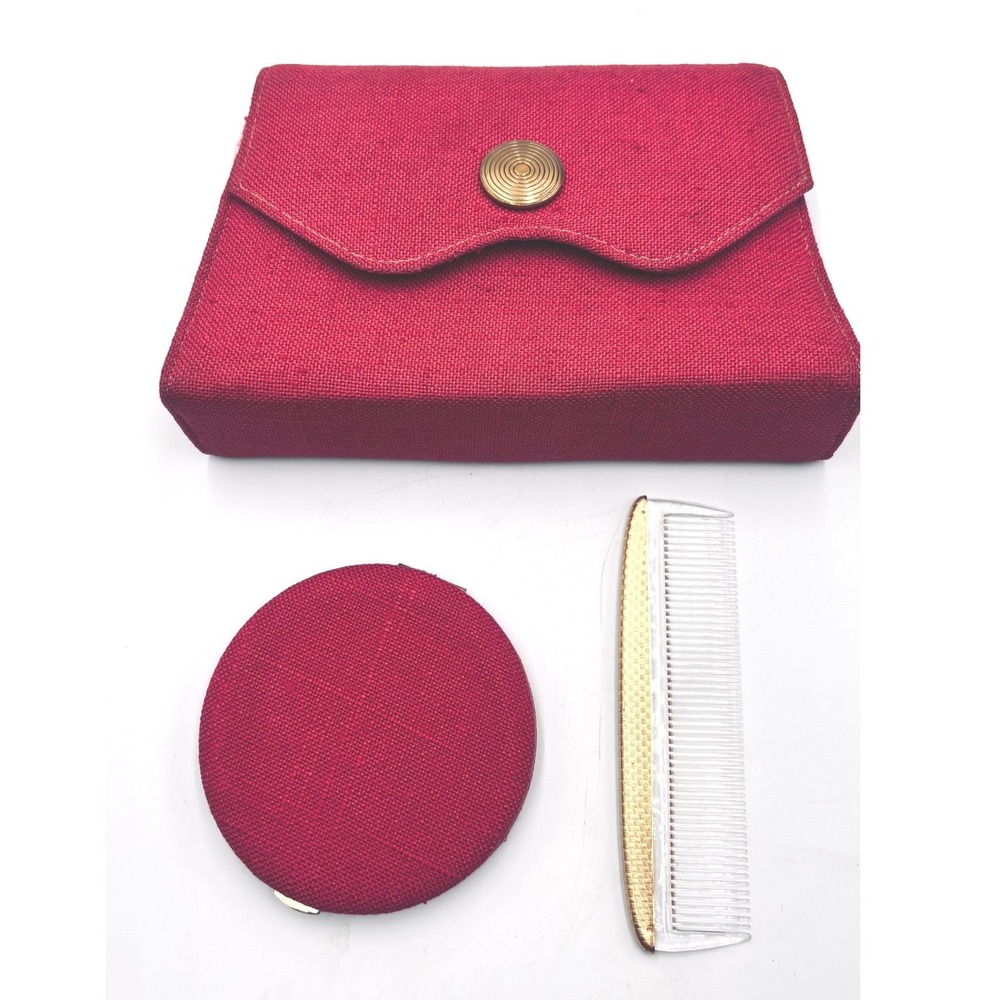 Vintage 1940s Lin-Bren Red Fabric Vanity Purse Set Stratton Compact Mirror Comb